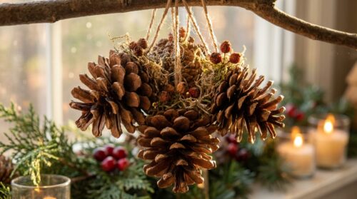 ontdek de charme van traditionele bloemvormige kerstornamenten gemaakt van dennenappels en breng een vintage feestelijke sfeer in huis.